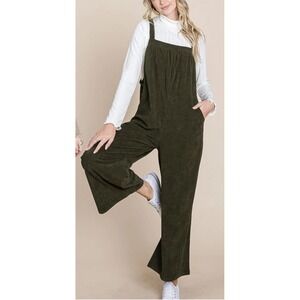 Vanilla Bay Women's Large Olive Corduroy Cropped Overall Side Buttons Adjustable